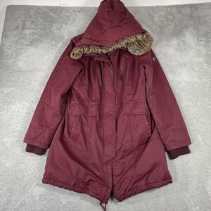 1 Madison Expedition Parka Jacket Women Large Burgundy Faux Fur Hood Winter Coat